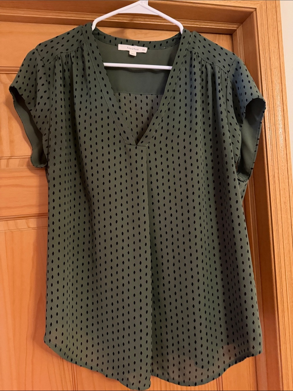 fun 2 fun Olive Green V-Neck Cap Sleeve Blouse with Black Dot Print